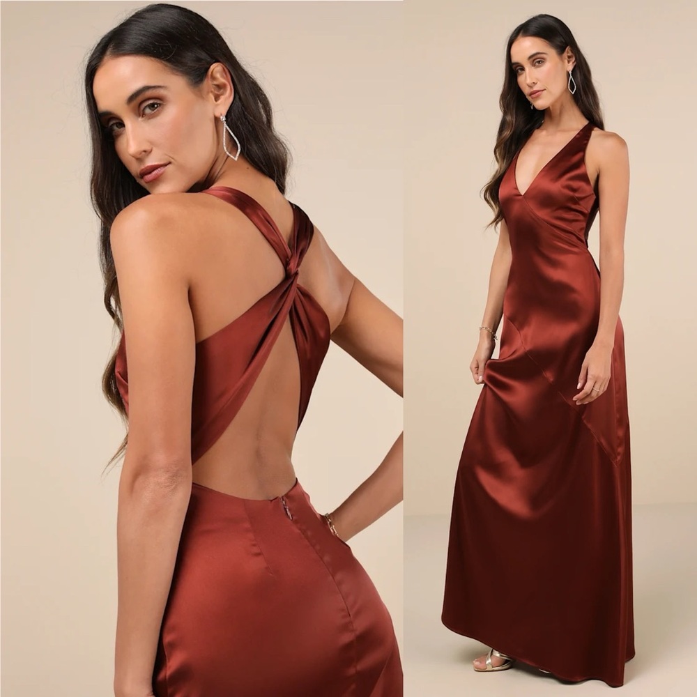 Rust Brown Copper Satin Twist-Back Slip Maxi Dress 🌿